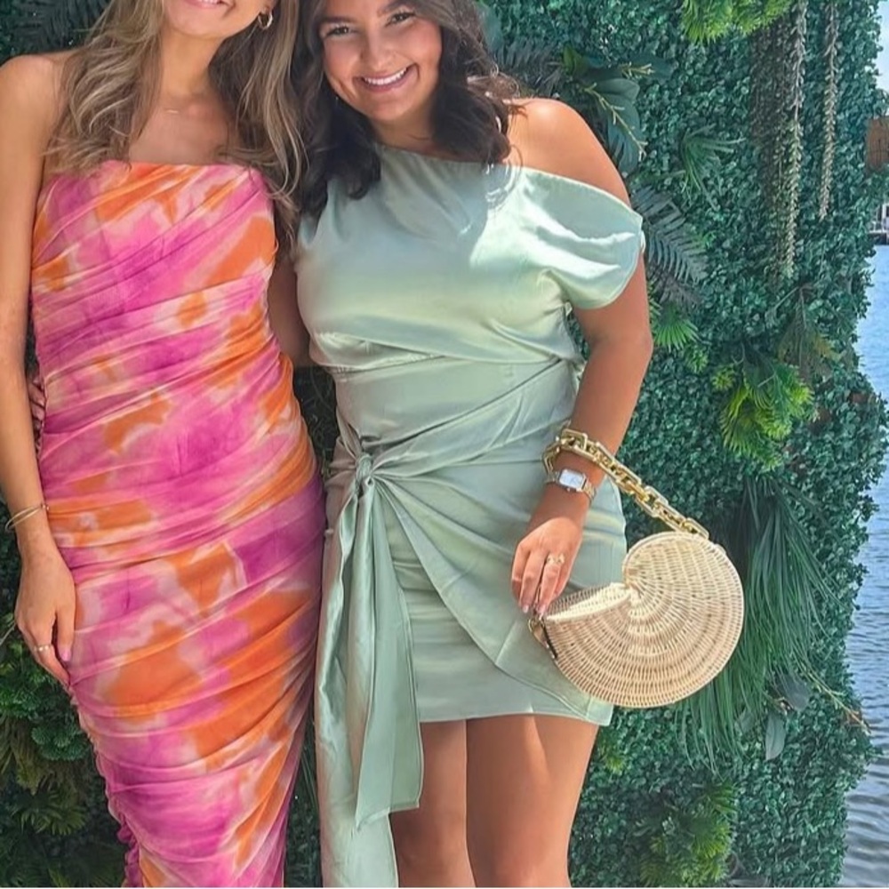 off the shoulder tie front green satin mini dress
